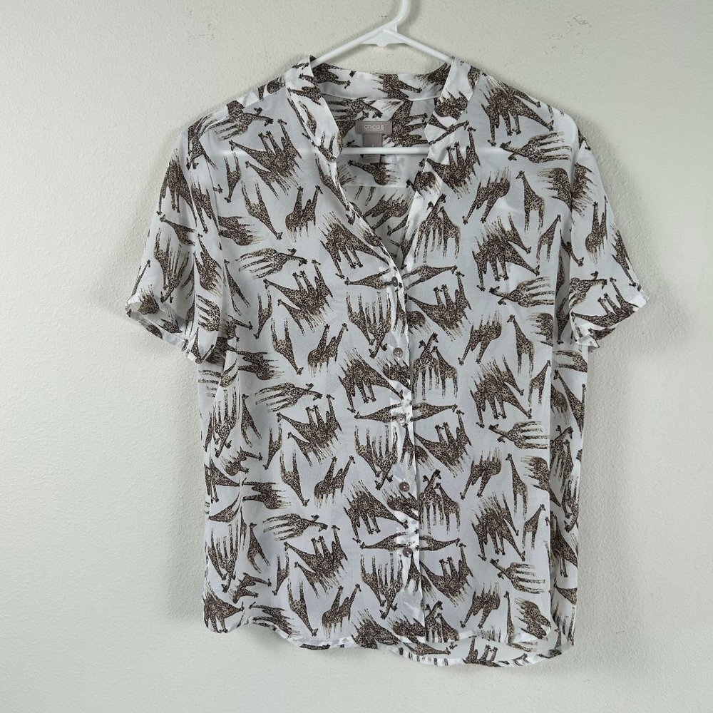 Chicos Top Size M 1 White Brown Giraffe Short Sleeve Sheer Blouse Button Up